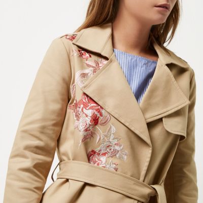 Brown floral embroidered trench coat